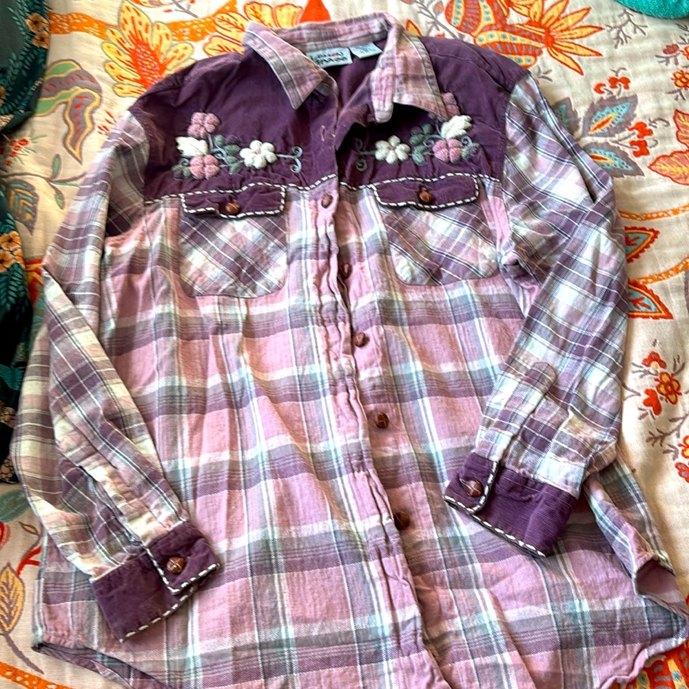Lemon Grass Flannel Embroidery Corduroy Button  Down Shirt Size 2x 100% cotton